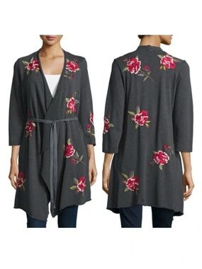 Embroidered Floral Belted Open-Front Cardigan Sweater - Charcoal with Roses